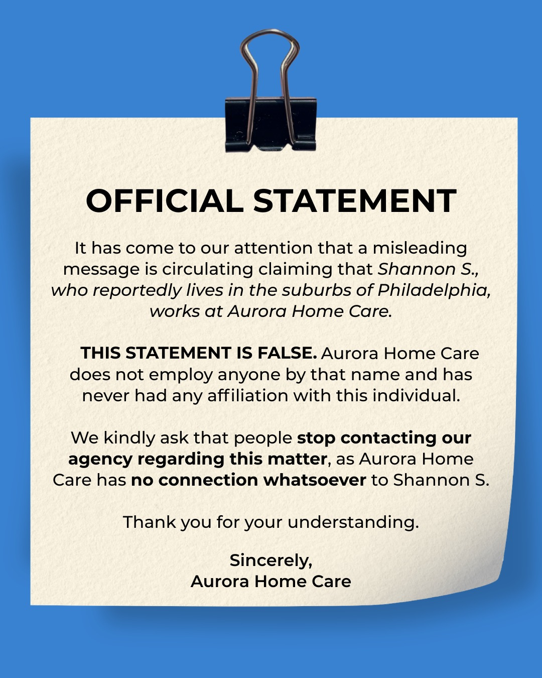 Aurora Home Care Responds to Misinformation | Official Statement